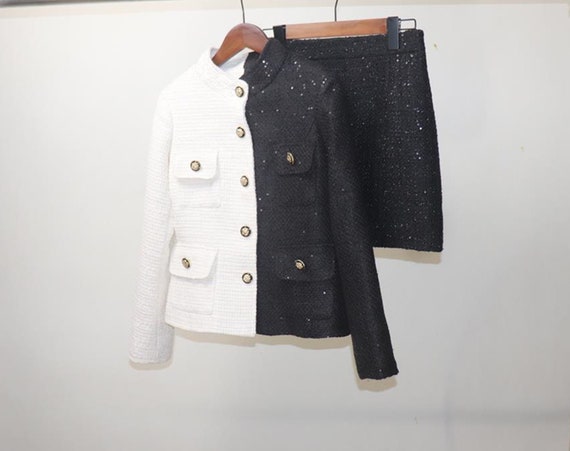 Custom Made Sequinned Tweed Skirt Suit: High Neck Jacket, Plus Sizes