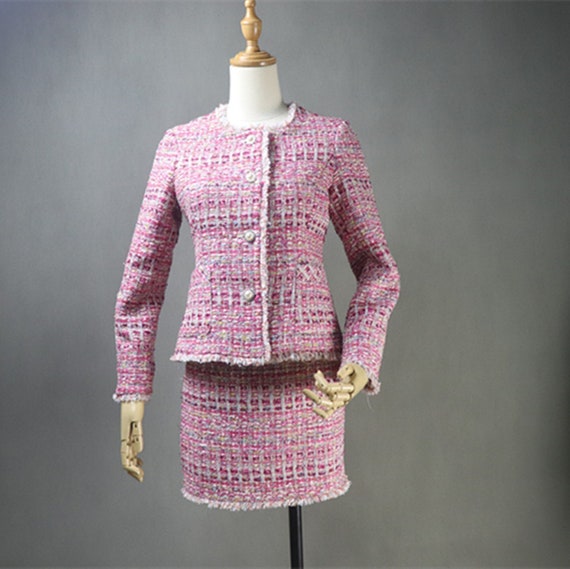 Two Piece Set Long Sleeve Pink Tweed Jacket Plaid Strap 