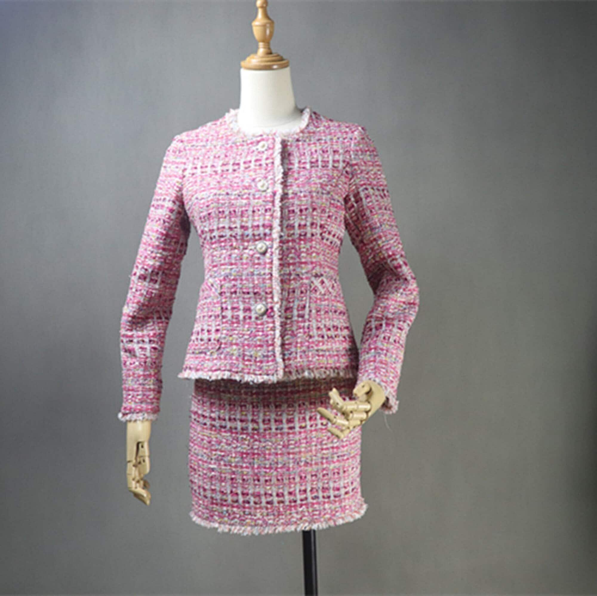 Fashionpioneer15 Womens Custom Made Multicolor Pink Tweed Blazer + Skirt/Shorts Suit Pink Suit Formal Suit