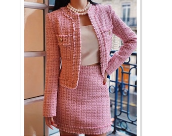 Designer pour femmes inspiré Blazer en tweed sur mesure + costume de jupe 6 couleurs