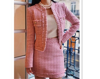 Designer pour femmes inspiré Blazer en tweed sur mesure + costume de jupe 6 couleurs