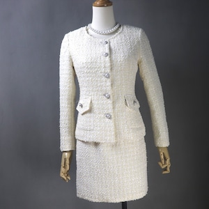 Beige Tweed Suit – Custom Made Plus Size Jacket with Pearl Buttons, Dress or Shorts