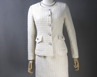 Custom Made Suit in Plus Sizes, Children's Size, Cream Pearl Buttons Tweed Jacket + Dress/Shorts/ Fishtail Skirt Suit Wedding Suit