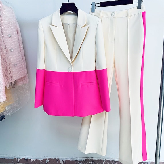 Women Colour-blocked Hot Pink Light Beige Fitted Blazer - Etsy