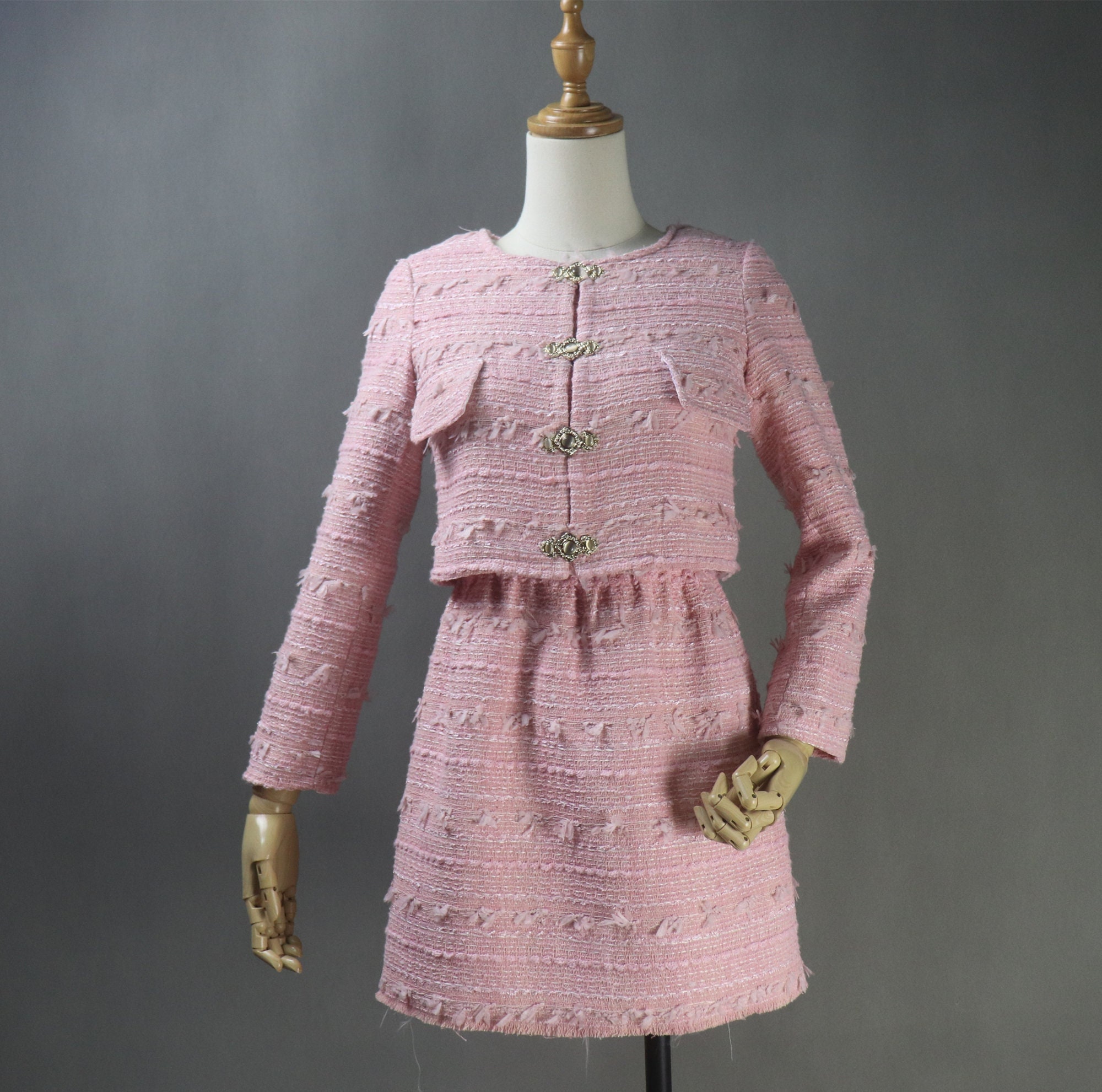 Bespoke Summer Pink Dress Tweed Suit /  Plus Sizes / Tweed Short Crop Jacket + Dress For Office outfit, formal dress, Wedding Guest,