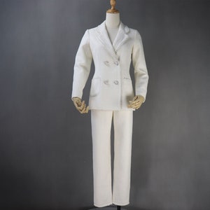White Tweed Trousers Suit: Custom Fit Plus Size Double-Breasted Pearl Blazer & Pants