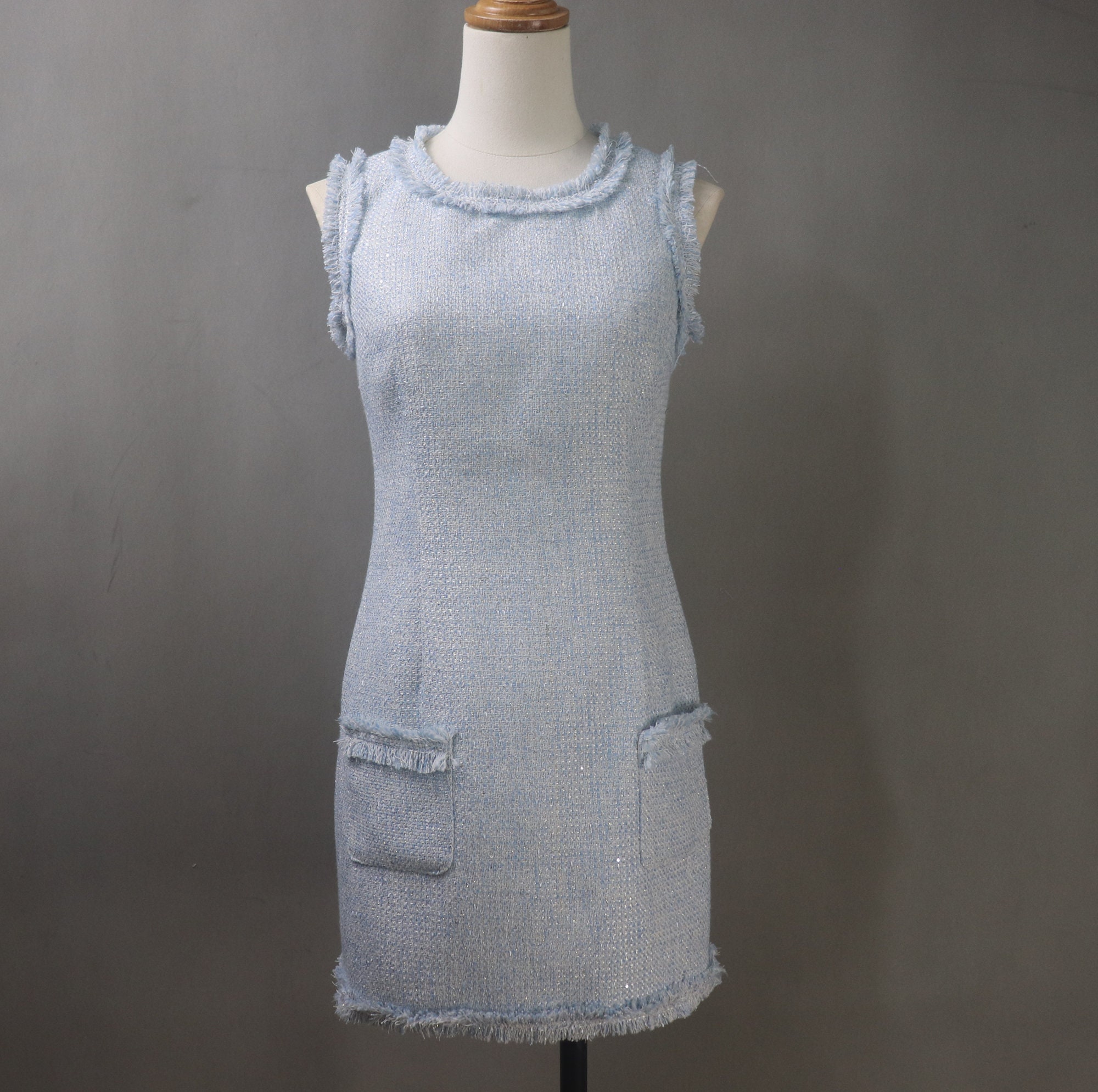 Custom Light Blue Tweed Dress Women : Any Length, Any Size