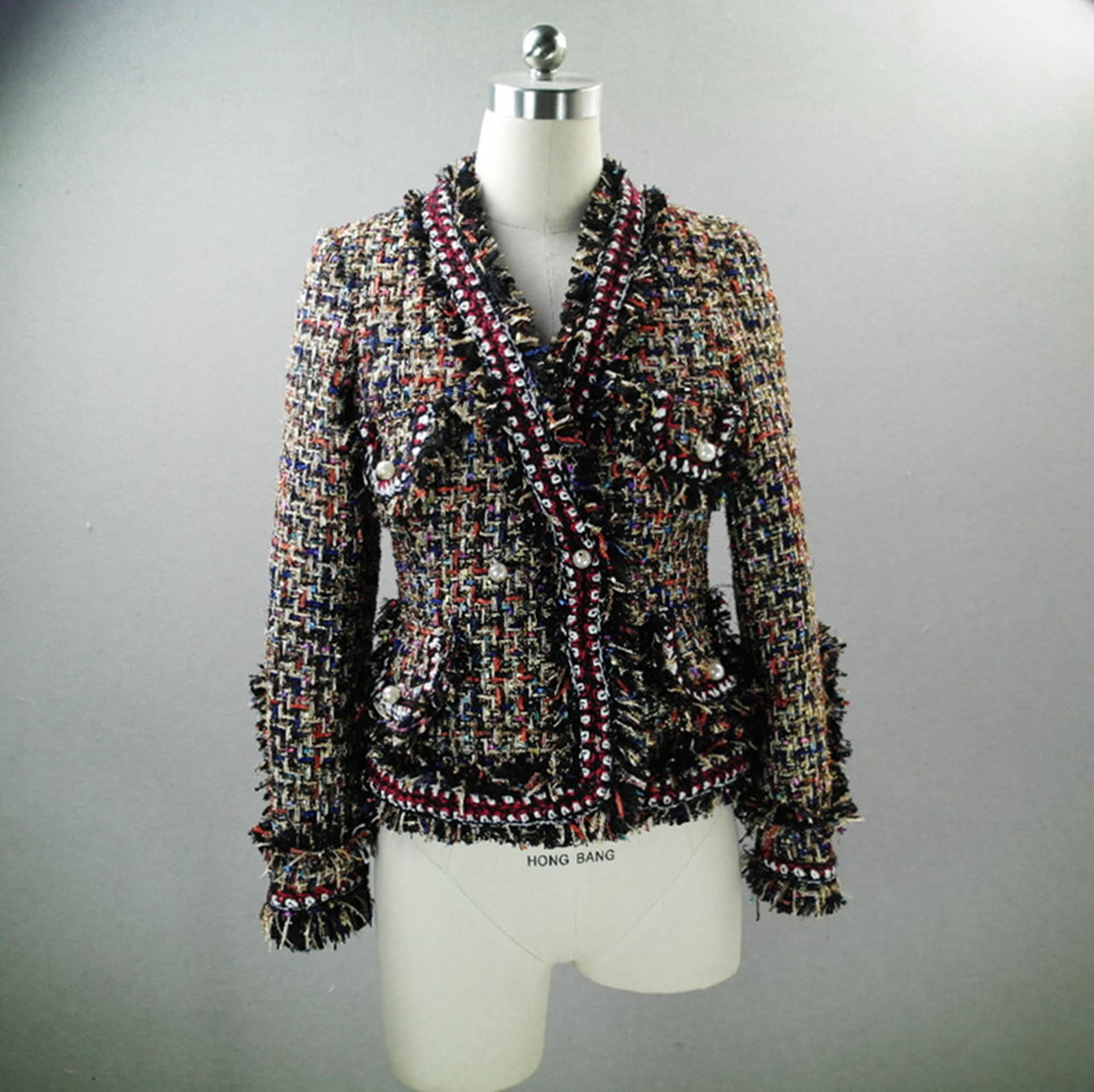 CHANEL CC Leather Tweed Fringe Jacket Pink