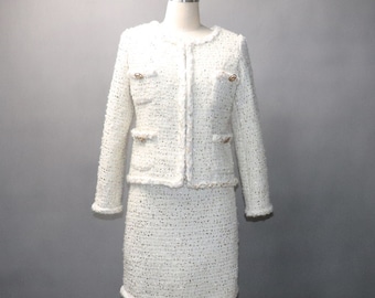 white tweed skirt suit