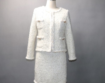 Women White Suit Custom Made Gold  Sequinned WOOL Tweed  Jacket and Skirt , Wedding Reception, Speech Day, Graduation, Personalised Gift