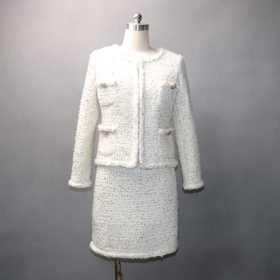 Women Custom Made Gold Sequinned White WOOL Tweed Jacket and 