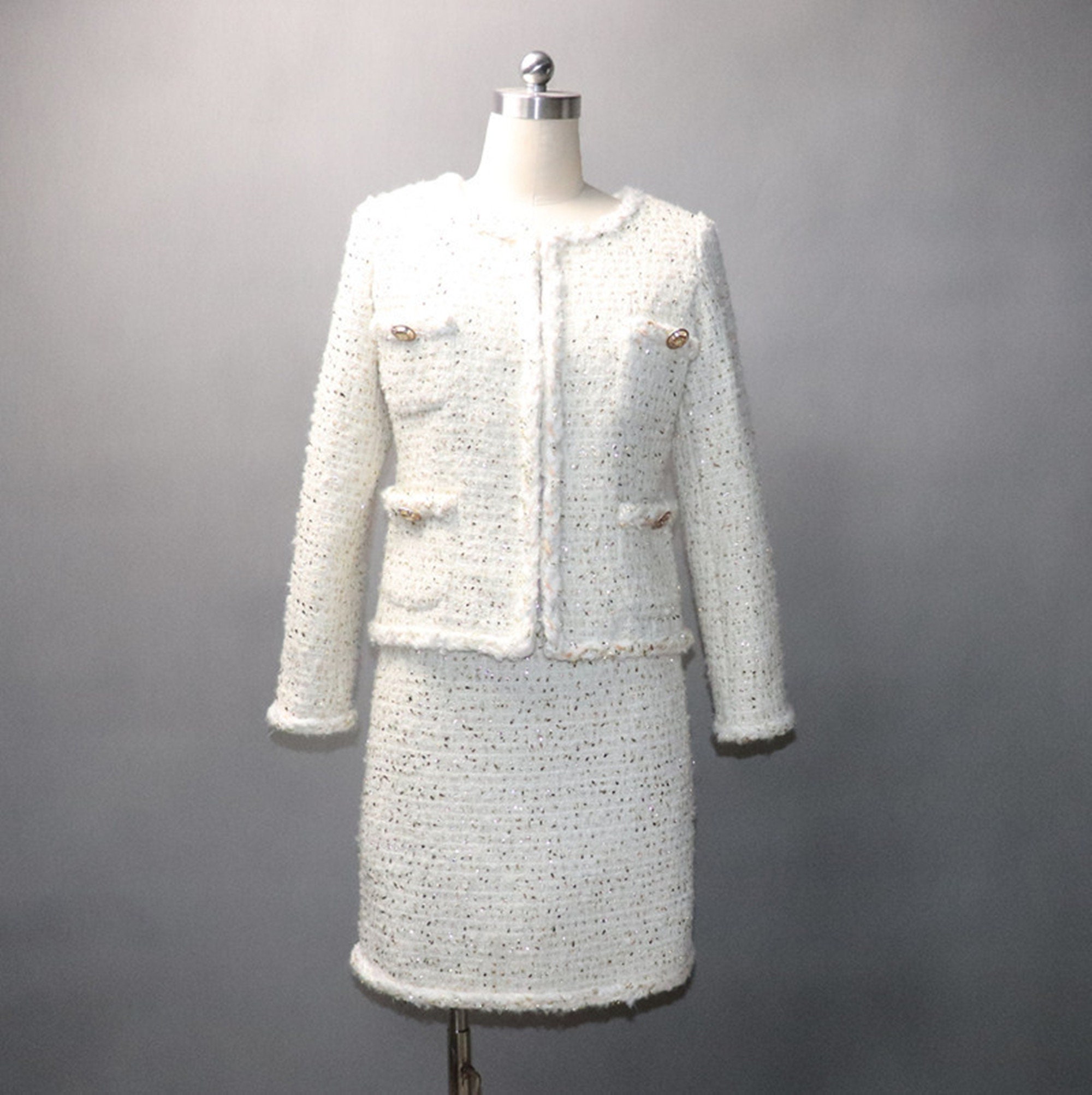 High Quality Luxury Beading Tweed Two Piece Set Women Woolen