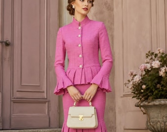 Custom Made Hot Pink Tweed Skirt Suit, Women's Tailored Peplum Jacket, Pleated Skirt