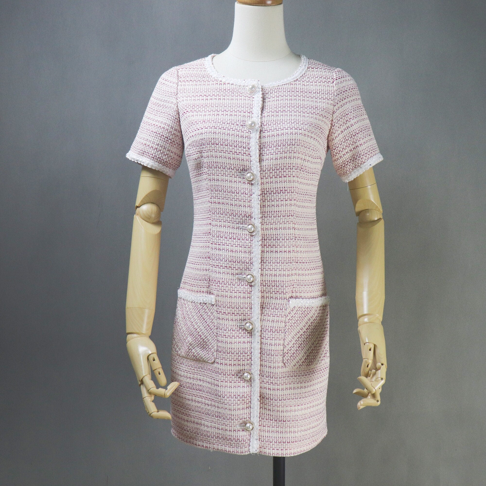Custom Pink Tweed Dress: Pearl Button Short Sleeve, Plus Size, Any Length -  Etsy