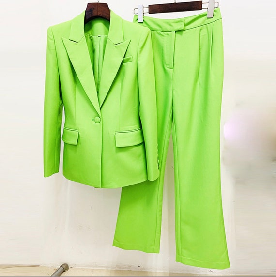 Women Green One Button Blazer Mid-high Rise Flare Trousers Suit US