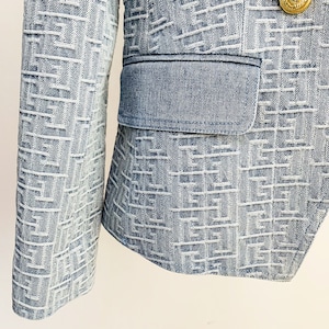 Women's Denim Blazer Golden Buttons Fitted Jacket Blue Abstract Pattern Blazer, Smart Casual Blazer, Birthday Party, Wedding Ceremony image 6