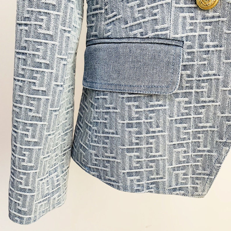 Women's Denim Blazer Golden Buttons Fitted Jacket Blue Abstract Pattern Blazer, Smart Casual Blazer, Birthday Party, Wedding Ceremony image 6