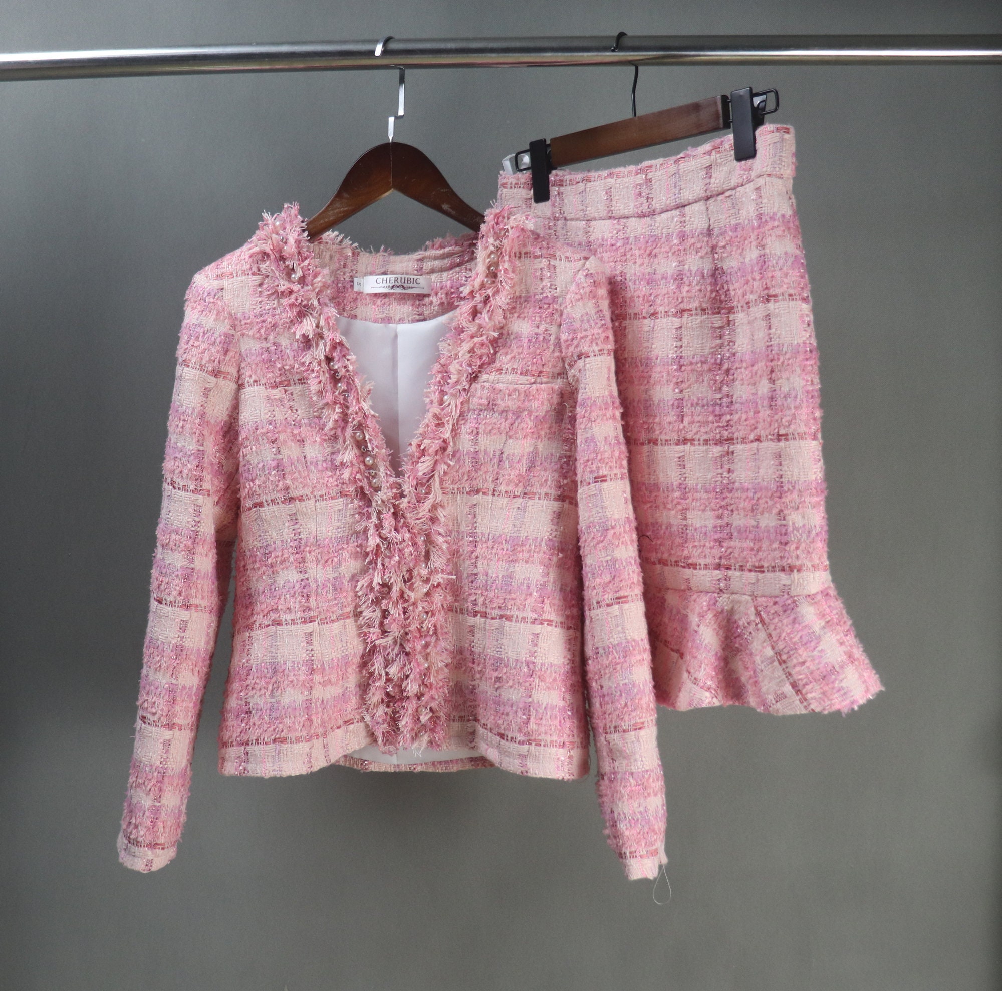 Women Custom Made Check Tweed Pink Colour Tassel Fringe Jacket 
