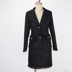 Black Tweed Skirt Suit – Custom Made Plus Size Blazer with Sequins and Tassel Fringe