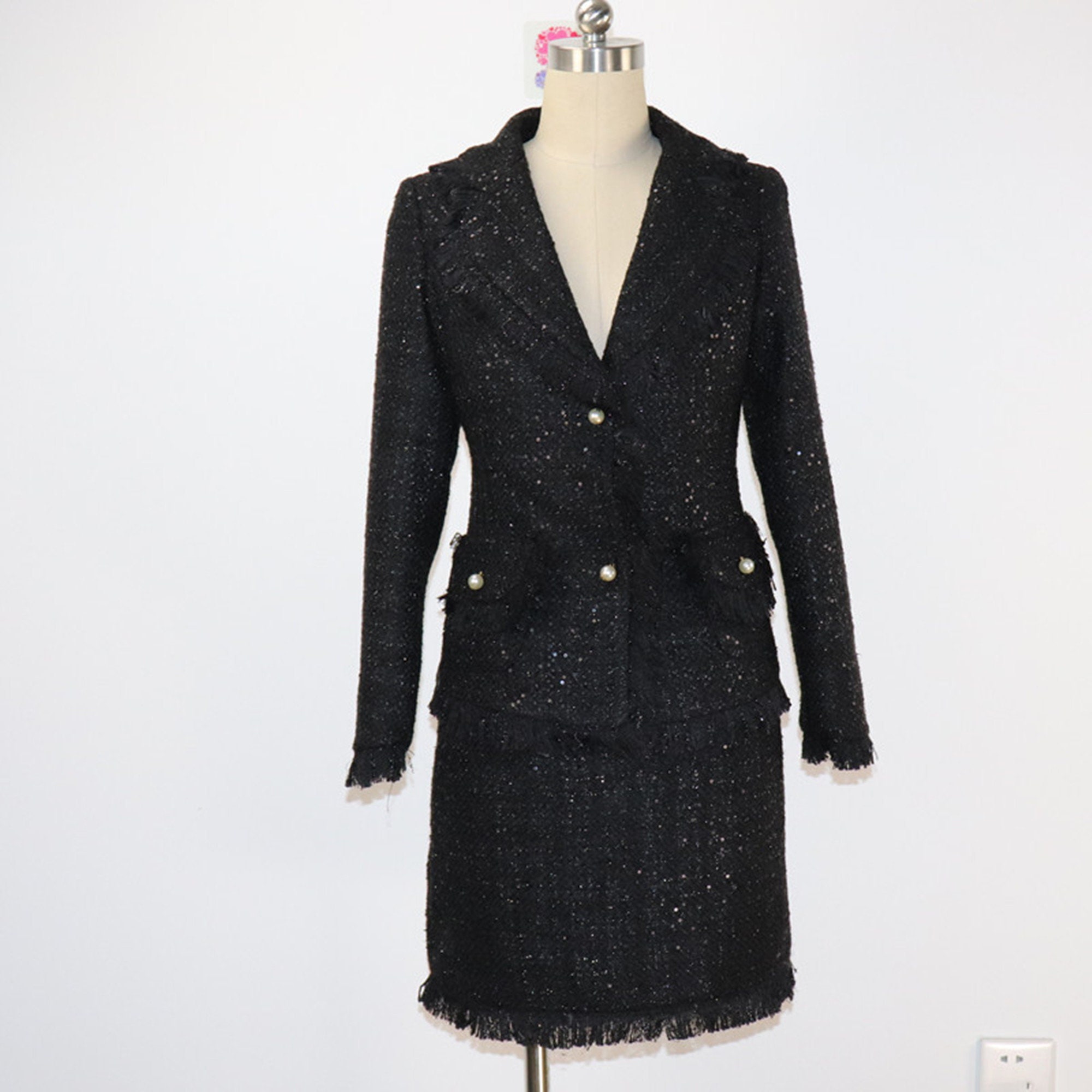 Black Tweed Skirt Suit – Custom Made Plus Size Blazer with Sequins and Tassel Fringe