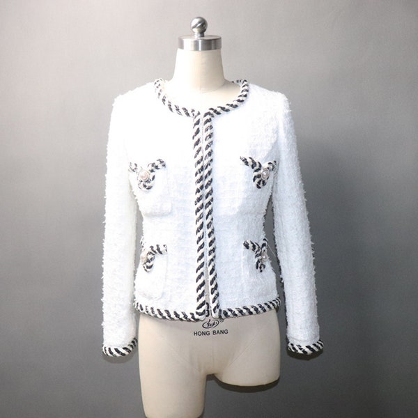 CUSTOM MADE Weiße Jacke in Plus Sizes Perle Knopf Tweed Mantel Blazer Weiß, Matching Set, Rede Tag, Abschlussfeier / Hochzeitsjacke