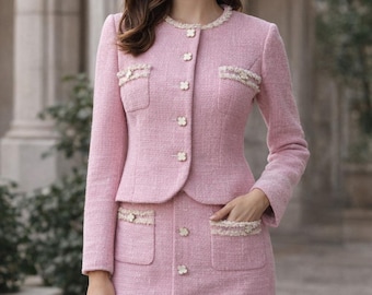 Abito da donna in tweed rosa fatto a mano: qualsiasi taglia, qualsiasi lunghezza