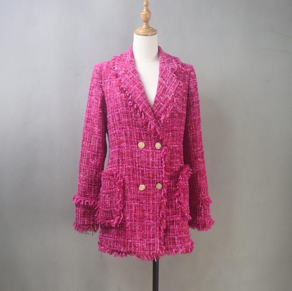 Hot Pink Tweed Jacket Coat: Custom Fit Plus Size Mid-Length Coat with Fringe Trim