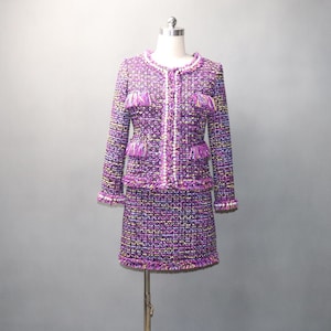Custom Tweed Skirt Suit: Purple Cream Tassel Fringe, Pearl Buttons