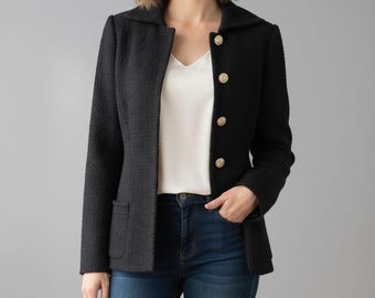 Schwarzer Tweed-Blazer, taillierte Damenjacke, große Größen, klassische Bürokleidung