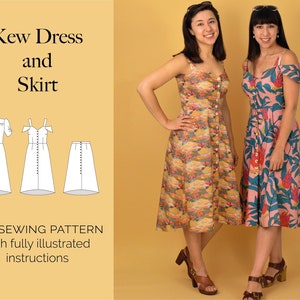 Button-down Summer Dress and Skirt PDF sewing pattern | Tea dress | Sun dress | High-low skirt | UK 6–20 and 16–28 | full instructions