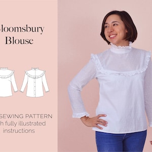 Victoriana Blouse PDF sewing pattern | High-neck ruffle blouse | 2 size bands – UK 6–20 and 16–28 | fully illustrated instructions