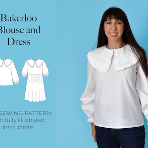 Puede incluir: Un patrón de costura para una blusa y un vestido blancos con un gran cuello Peter Pan. El patrón está ilustrado con un dibujo de línea de la blusa y el vestido. El texto "Bakerloo Blouse and Dress" está en la parte superior de la imagen. El texto "PDF SEWING PATTERN with fully illustrated instructions" está en la parte inferior de la imagen.