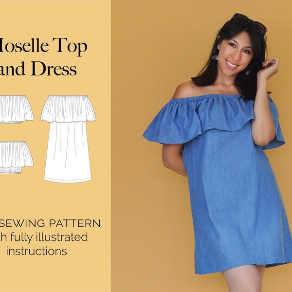 Moselle Top and Dress PDF sewing pattern | Easy off-the-shoulder ruffle summer pattern | 3 lengths | UK sizes 6–20