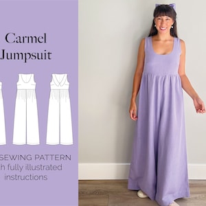 Carmel Jumpsuit PDF sewing pattern | Easy, comfy loose jumpsuit | 4 neckline options | 2 size bands – UK 6–20 and 16–28 | full instructions