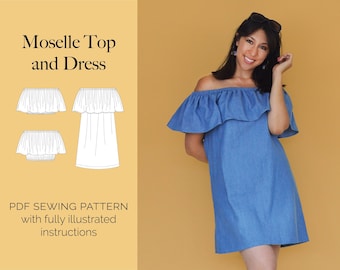 Moselle Top and Dress PDF sewing pattern | Easy off-the-shoulder ruffle summer pattern | 3 lengths | UK sizes 6–20