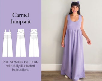 Carmel Jumpsuit PDF sewing pattern | Easy, comfy loose jumpsuit | 4 neckline options | 2 size bands – UK 6–20 and 16–28 | full instructions