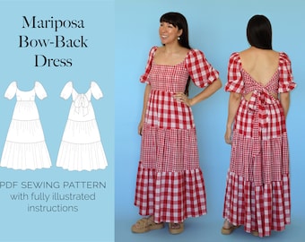 Puede incluir: Un vestido de cuadros vichy rojo y blanco con escote cuadrado y mangas abullonadas. El vestido tiene un detalle de lazo en la espalda. El vestido se muestra en una modelo con un fondo azul claro. El texto "Mariposa Bow-Back Dress" se muestra encima de la imagen. El texto "PDF Sewing Pattern with fully illustrated instructions" se muestra debajo de la imagen.