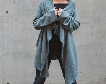 Asymmetric Wool Cardigan, Lightweight  Fall Cardigan, Gray Oversize Cardigan, Maxi Open Front Cardigan