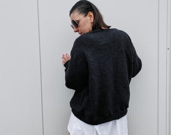 Wool Pullover Sweater, Chunky Pullover Sweater, Plus size Fall Sweater, Loose Knit Sweater, Boat Neck Sweater, Black Long Sleeve Jumper