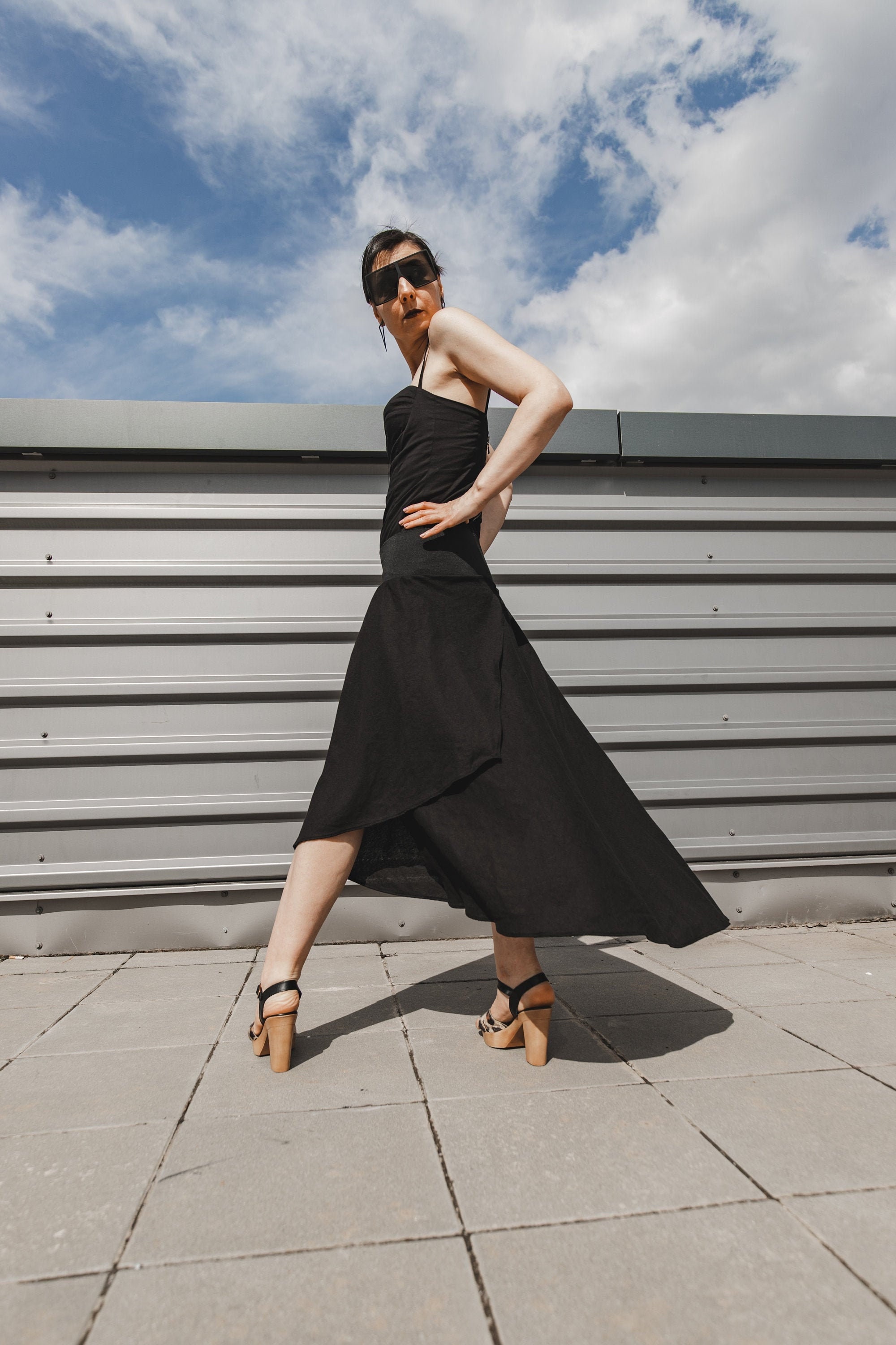 Midi Linen Skirt, Summer Wrap Elastic Waist Cotton A-Line Asymmetric Skirt