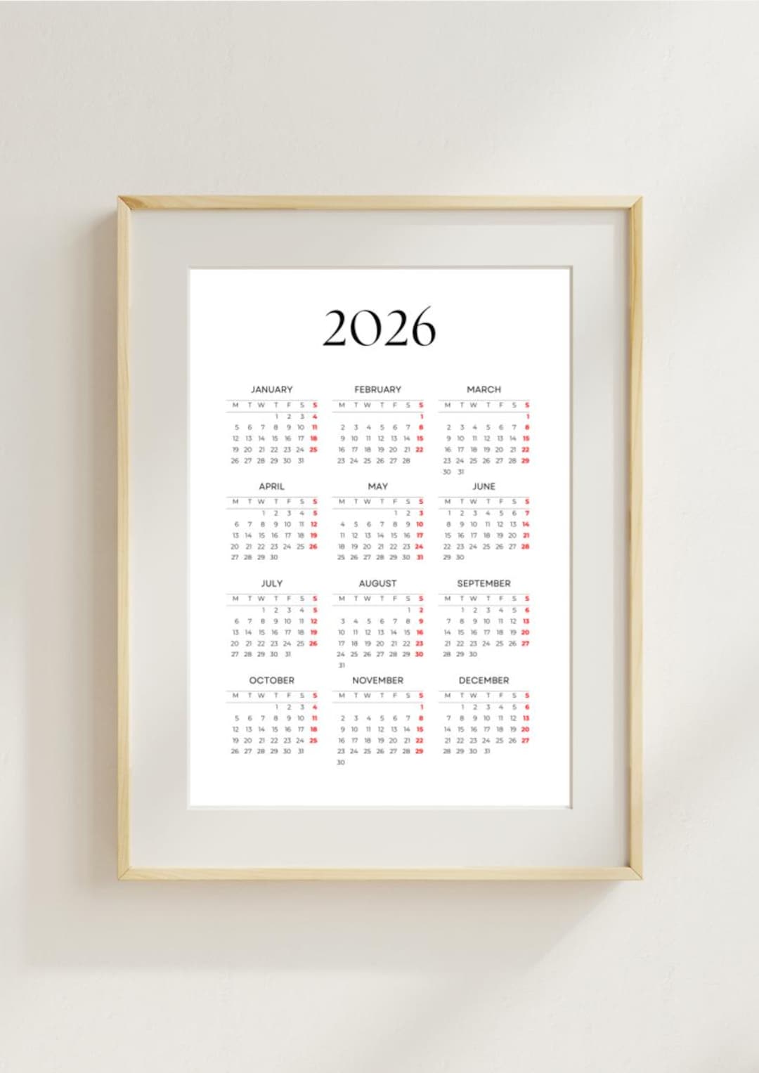 2026 Year at a Glance Printable Calendar (digital Download), A4, A3, US ...
