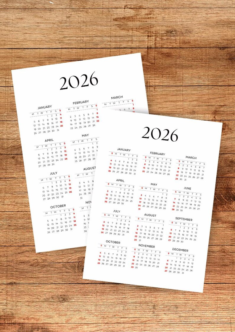 2026 Year at a Glance Printable Calendar (digital Download), A4, A3, US ...