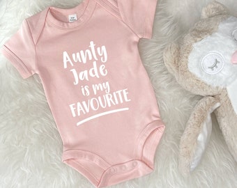 Favourite Auntie Baby Grow - Personalise with name - Gift for newborn neice or nephew - Auntie is my favourite baby vest with white print