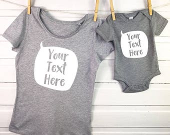 personalised mum and child set - speech bubble - matching mum & child - personalised mum and baby - speech bubble mother and baby grey set