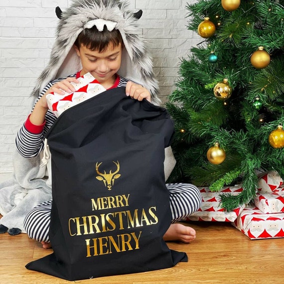 Reindeer Black And Gold Personalised Santa Sack