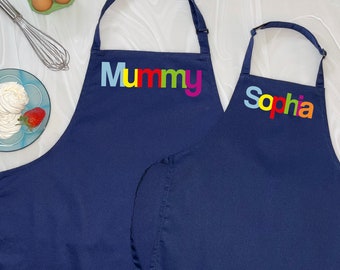 Personalised Mummy And Me Multicoloured Aprons. Family matching aprons.