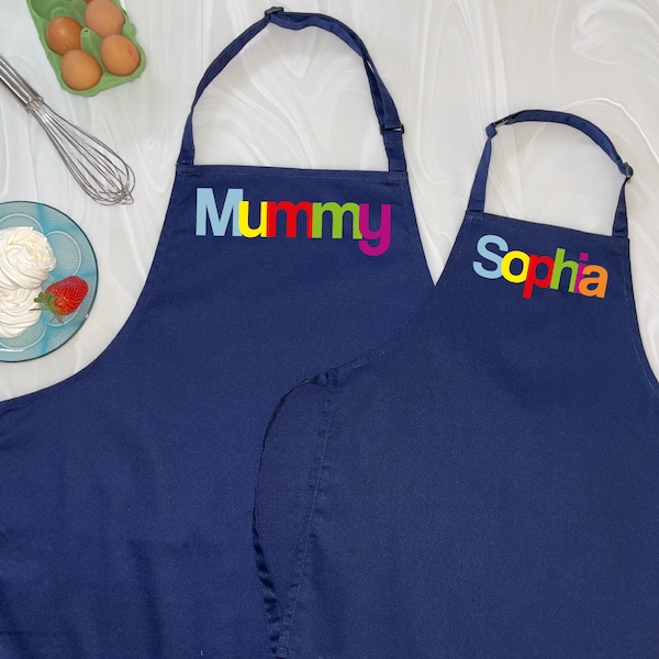 Personalised Mummy And Me Multicoloured Aprons. Family matching aprons.