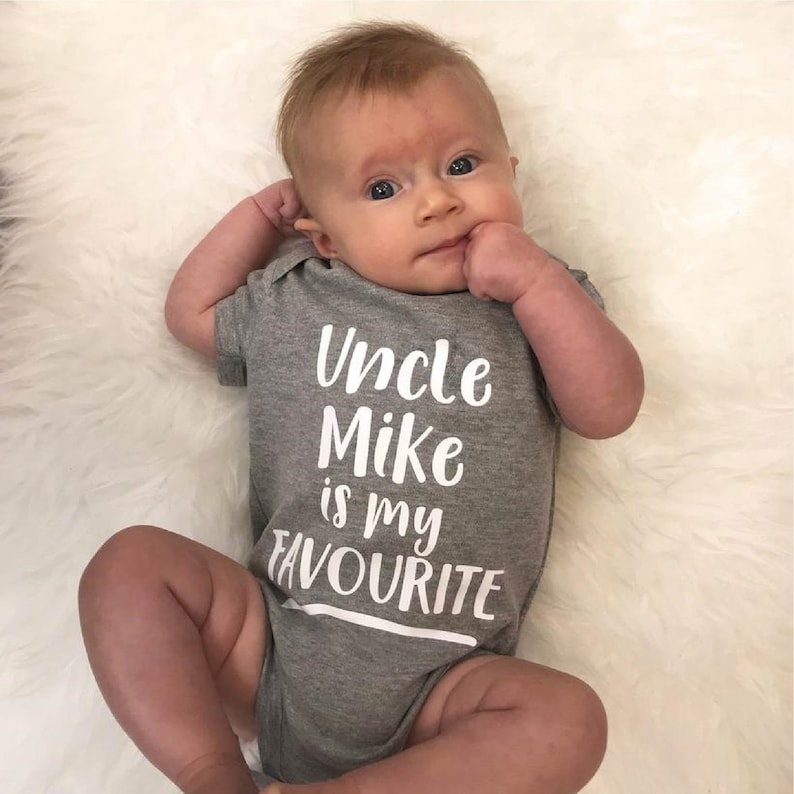 Favourite Uncle Baby Grow - Personalise with name - Gift for newborn neice or nephew - Uncle is my favourite baby vest with white print 