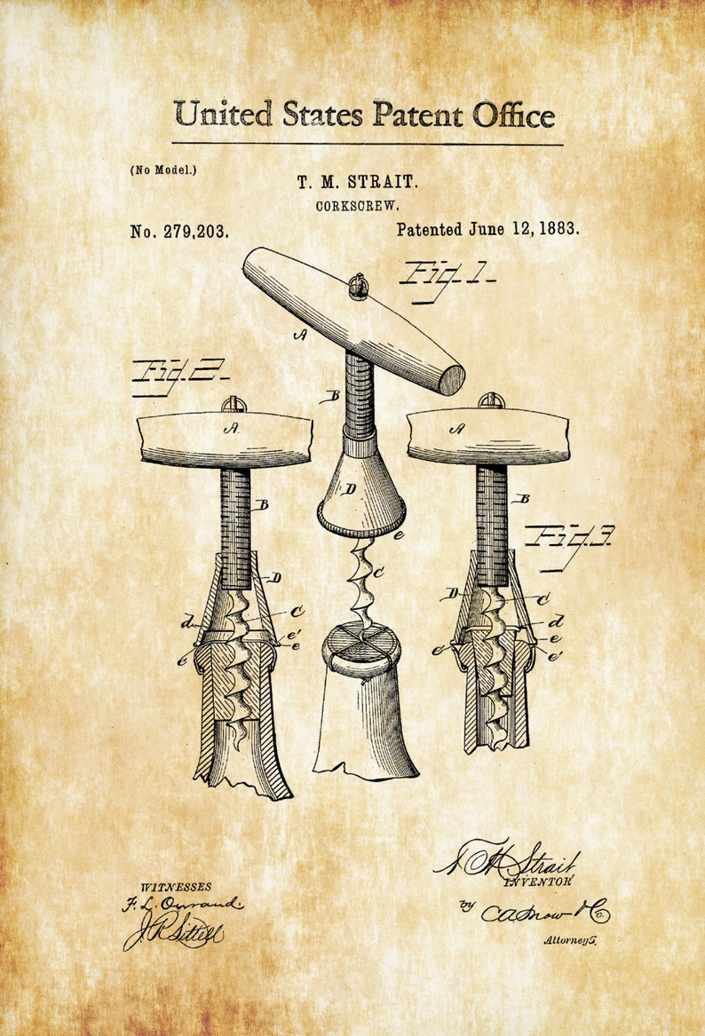 Corkscrew Patent Print Decor Kitchen Decor Wine Decor Etsy