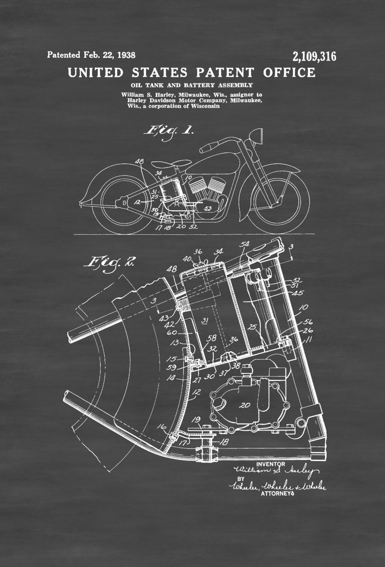 Harley Oil Tank Patent 1938 Harley Davidson Art Patent Etsy